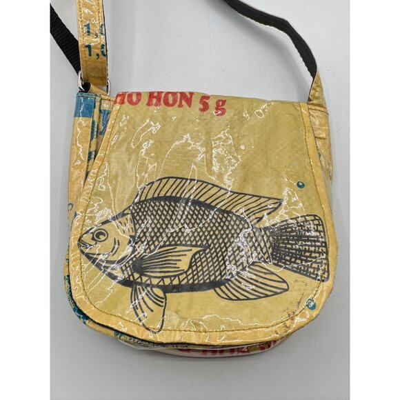 Recycled Feed Bag Plastic Purse Fish Adjustable Crossbody Cambodia Upcycle Bag - Picture 2 of 8